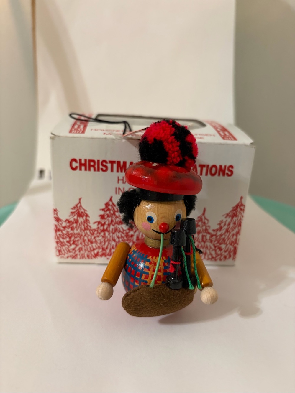 Vintage Steinbach Germany Wooden Bagpipe Player Christmas Ornament With Box